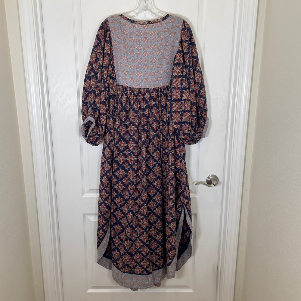 Free People Hazy Maisy Dress Maxi Indigo Combo Floral Paisley Boho Puff Sleeve S - Picture 10 of 10